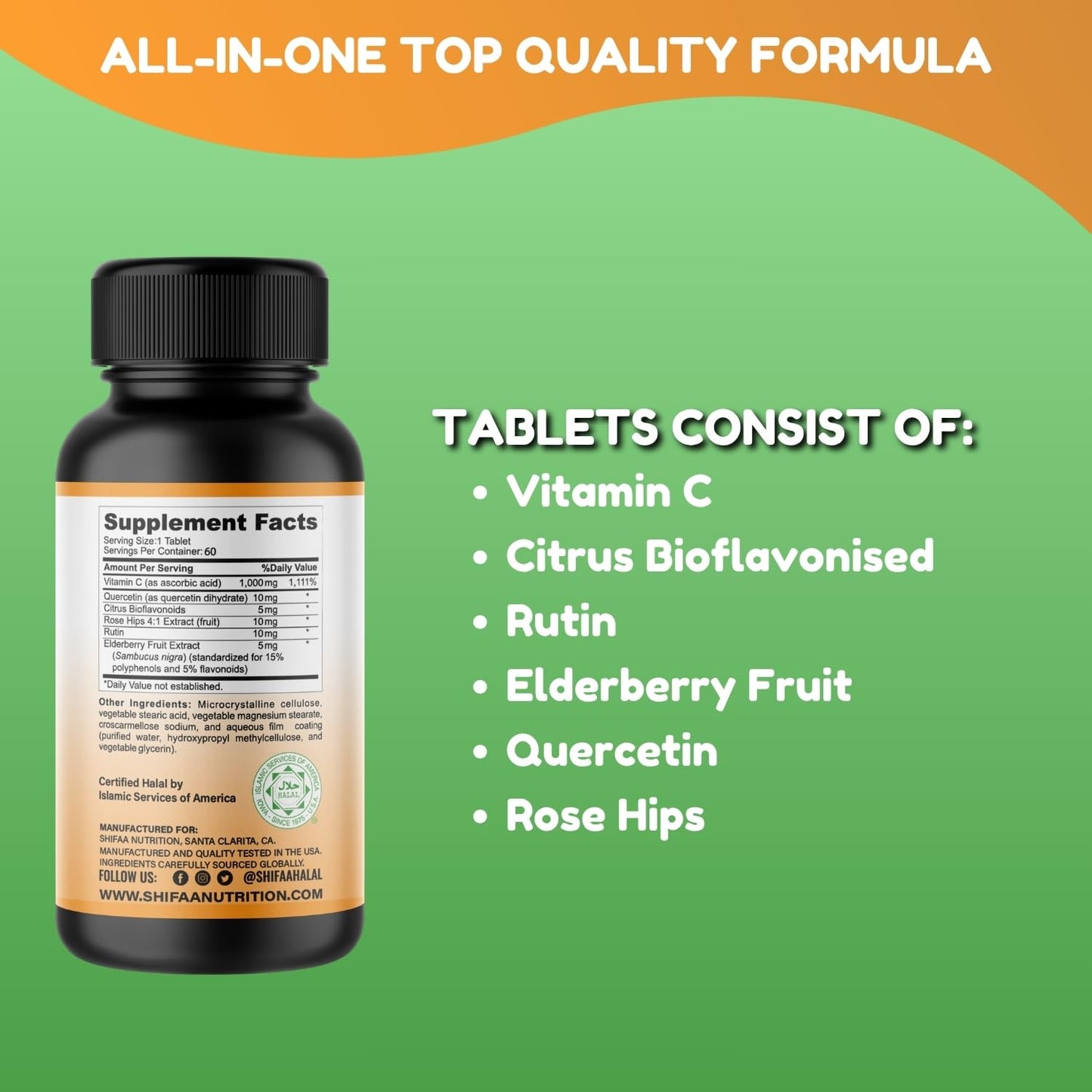SHIFAA NUTRITION Vitamin C-1000mg Tablets, 60 Count