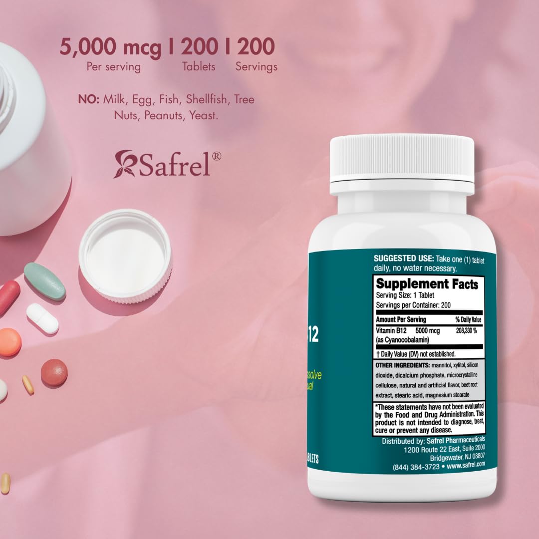 Safrel Vitamin B12 Sublingual Tablets, 5000 MCG, 200 Count
