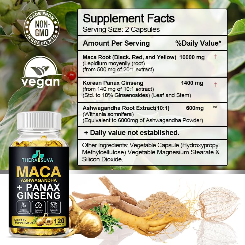 TheraSuva 3 in 1 Ashwagandha + Maca Root + Panax Ginseng Softgels, 120