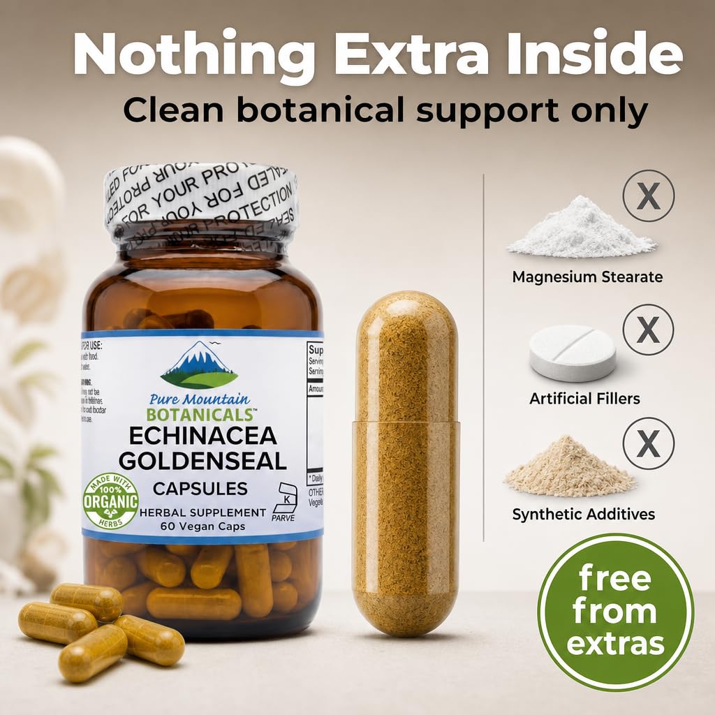 Pure Mountain Botanicals Echinacea Goldenseal Capsules 450mg Organic Echinacea and Goldenseal Root Complex, 90 Count