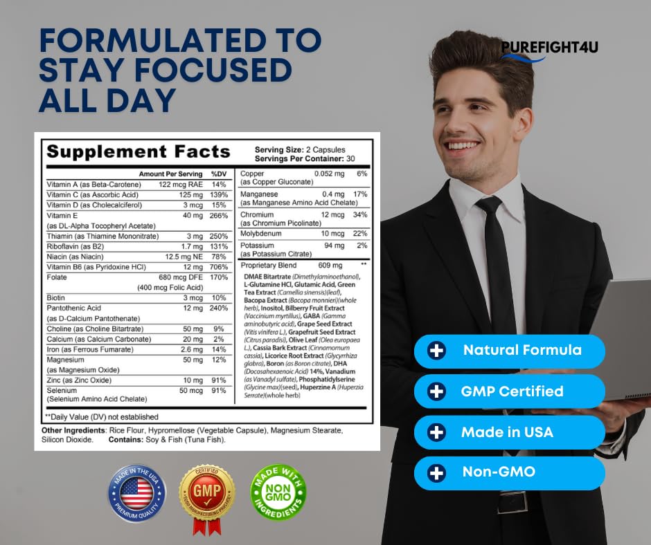 PureFight4U Reawaken Advanced Brain Function Dietary Supplement Brain Boost Formula Capsule 60 Count