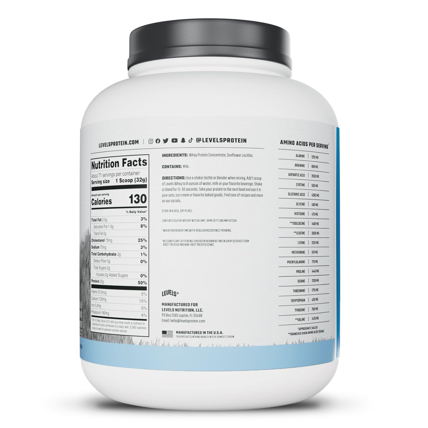 Levels Nutrition Grass Fed Whey Protein Powder, Unflavored, 80 Servings, 5 lb
