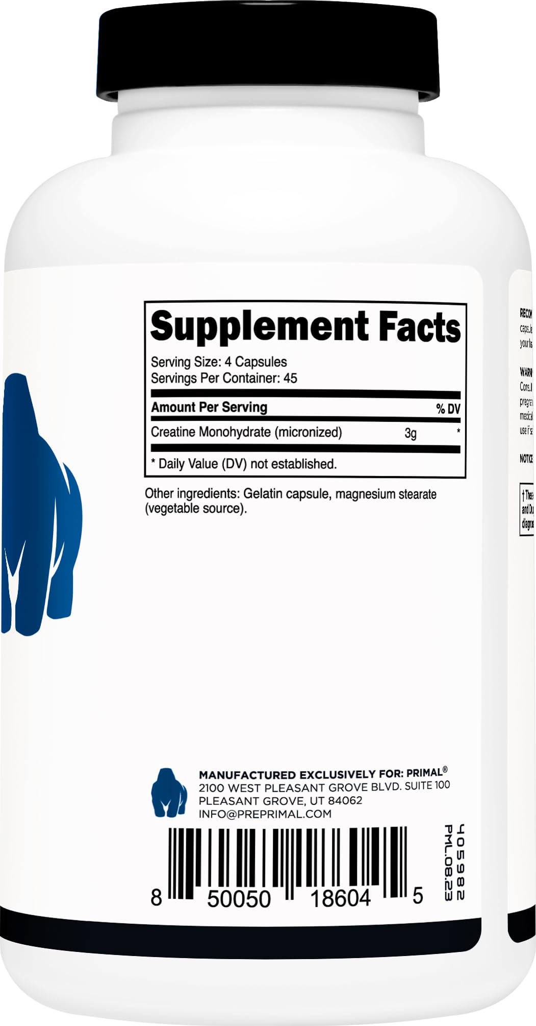 Primal Creatine Monohydrate 3,000mg Capsules, 180 Count