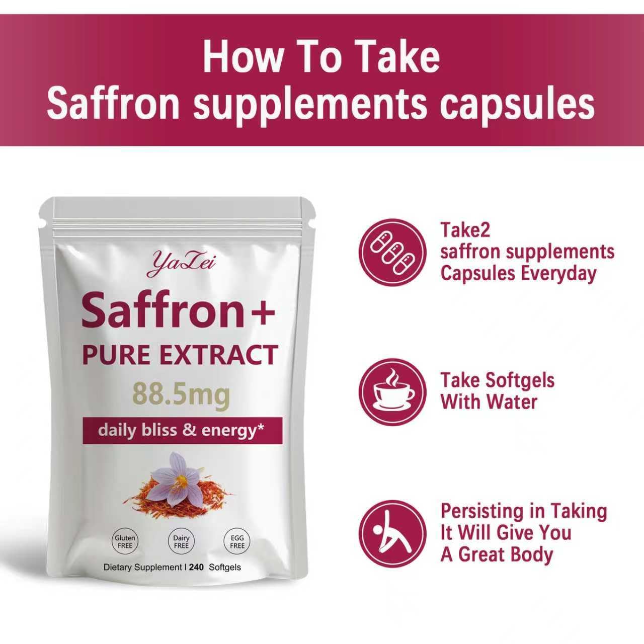 Yalei Saffron Extract Supplements 88.5mg Softgel 240 Softgels