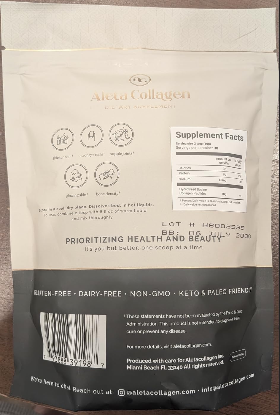 Aleta Collagen Kosher Hydrolyzed Bovine Collagen Powder, 10 oz