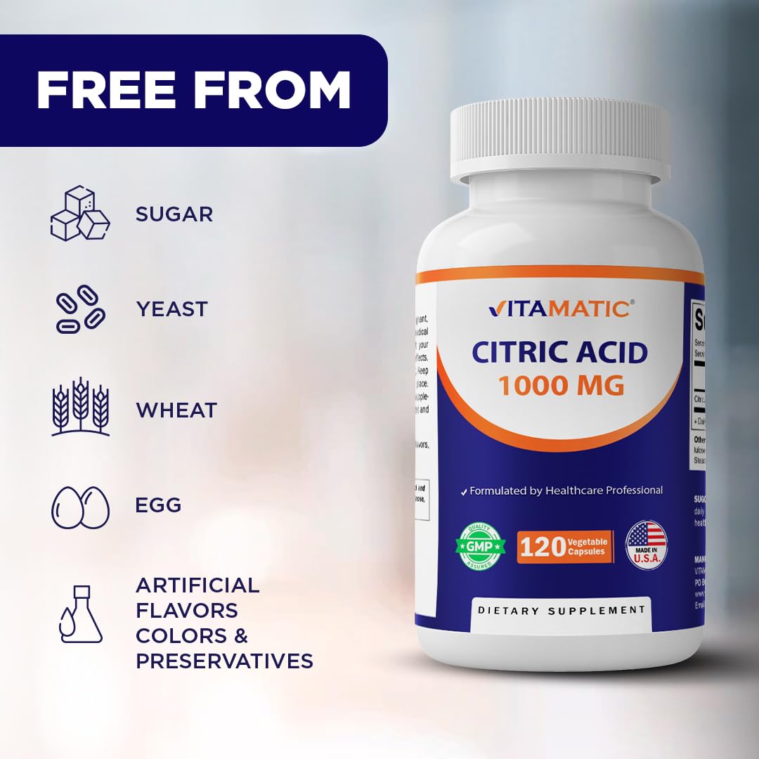 Vitamatic Citric Acid 1000 mg Vegetable Capsules, 120 Count, Non-GMO, Gluten Free, Made in USA