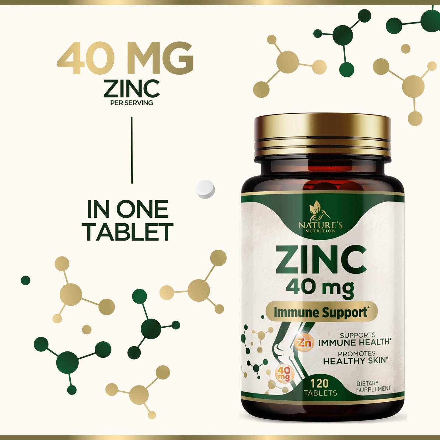 Nature's Nutrition Zinc 40mg High Potency Supplement for Immune System Support & Skin Health, 120 Tablets