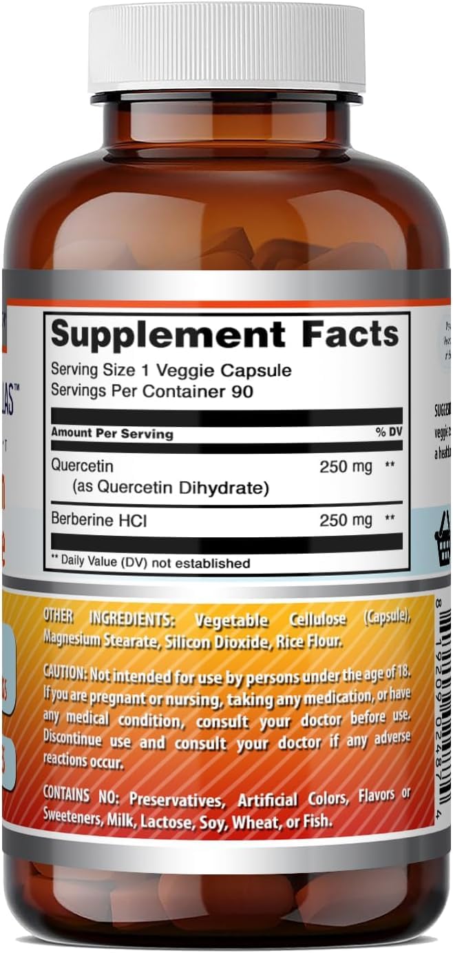 Amazing Nutrition Quercetin Berberine Capsule, 250 mg Berberine and 250 mg Quercetin, 270 Count