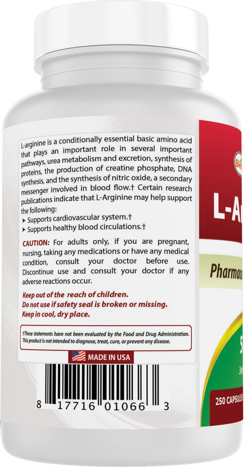 Best Naturals L-Arginine 500mg Capsule, 250 Count (Pack of 2)