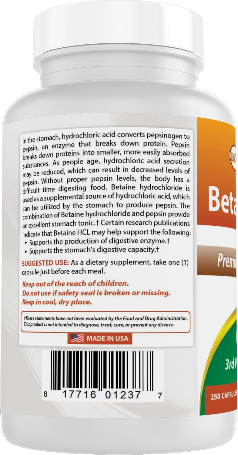 Best Naturals Betaine HCl 648 mg Capsules, 500 Count