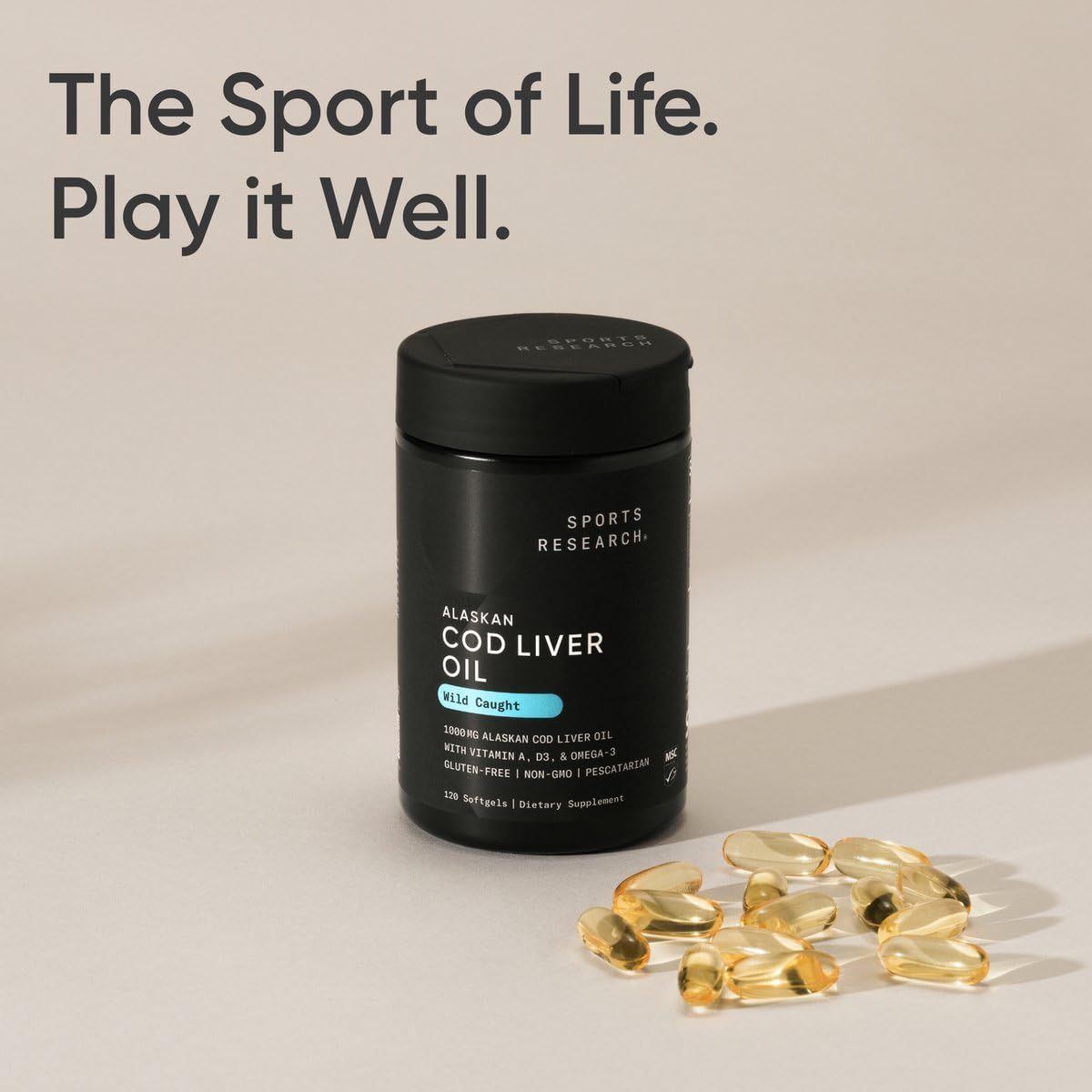 Sports Research Omega-3 Wild Alaskan Cod Liver Oil 1000mg with Vitamins A (1000 IU) & D3 (400 IU) Softgels 120