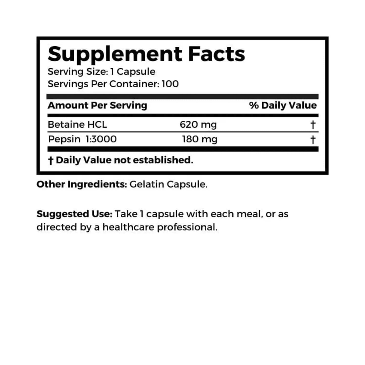 Dr Clark Store Betaine HCL Supplement with Pepsin 800mg Capsules, 100 Count