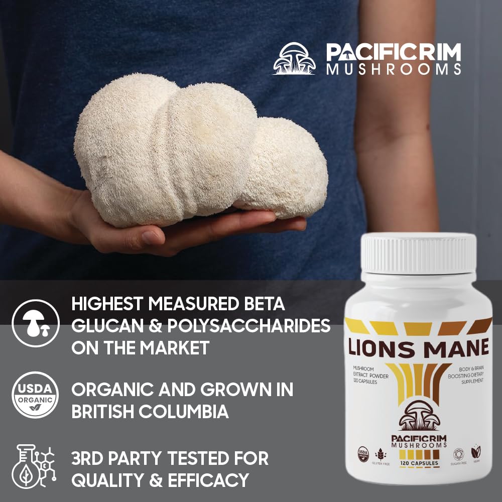 Pacific Rim Mushrooms Lions Mane Supplement Capsules, Organic Mushroom Extract, Ultra Strength 10:1 Lions Mane Mushroom, 60 Capsules