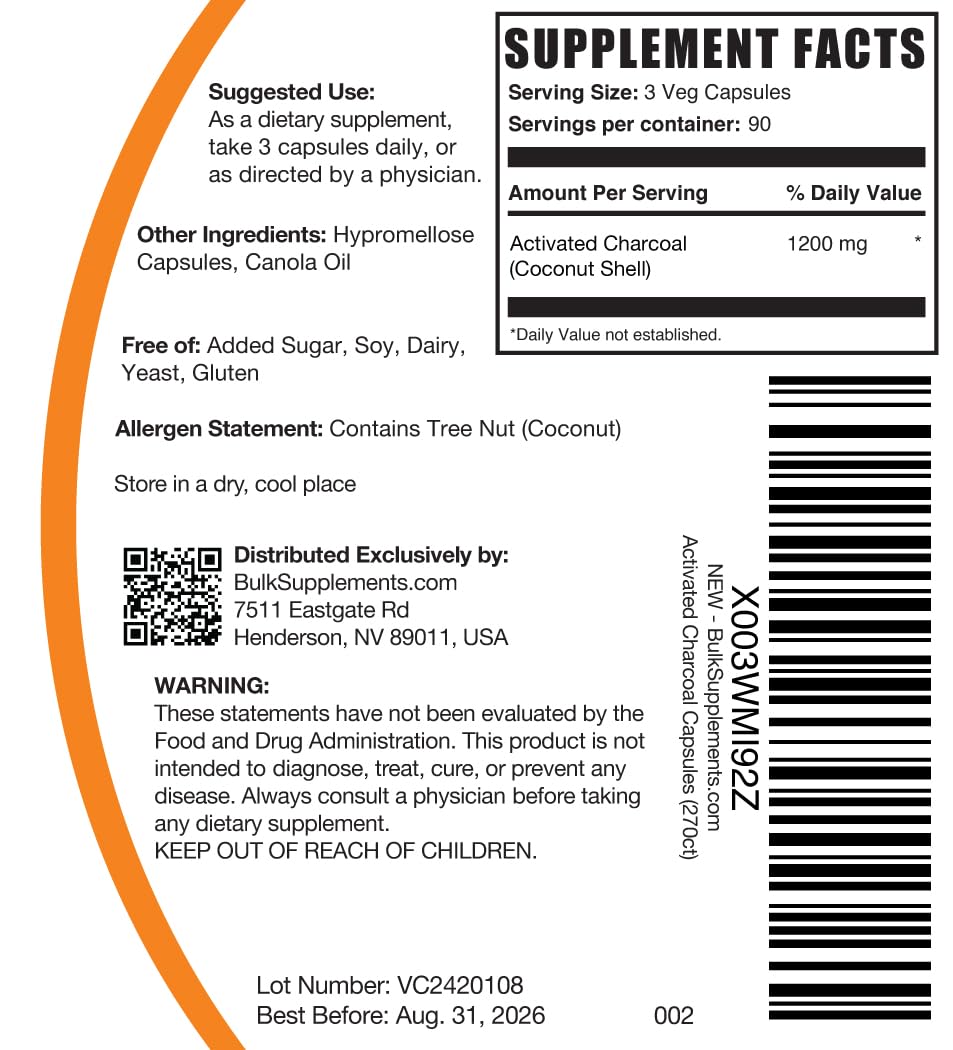 BulkSupplements Activated Charcoal Capsule 270 Count