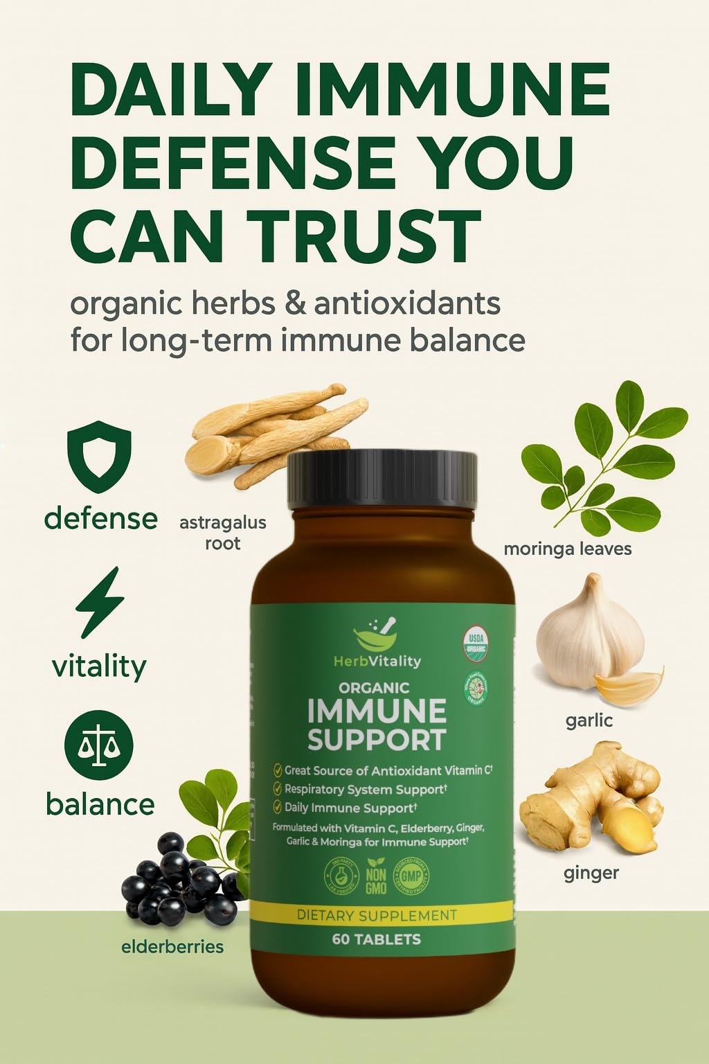 Herb Vitality Organic Immune Support Daily Herbal Complex with Elderberry, Vitamin C, Astragalus, Ginger & Moringa Capsule, 60 Count