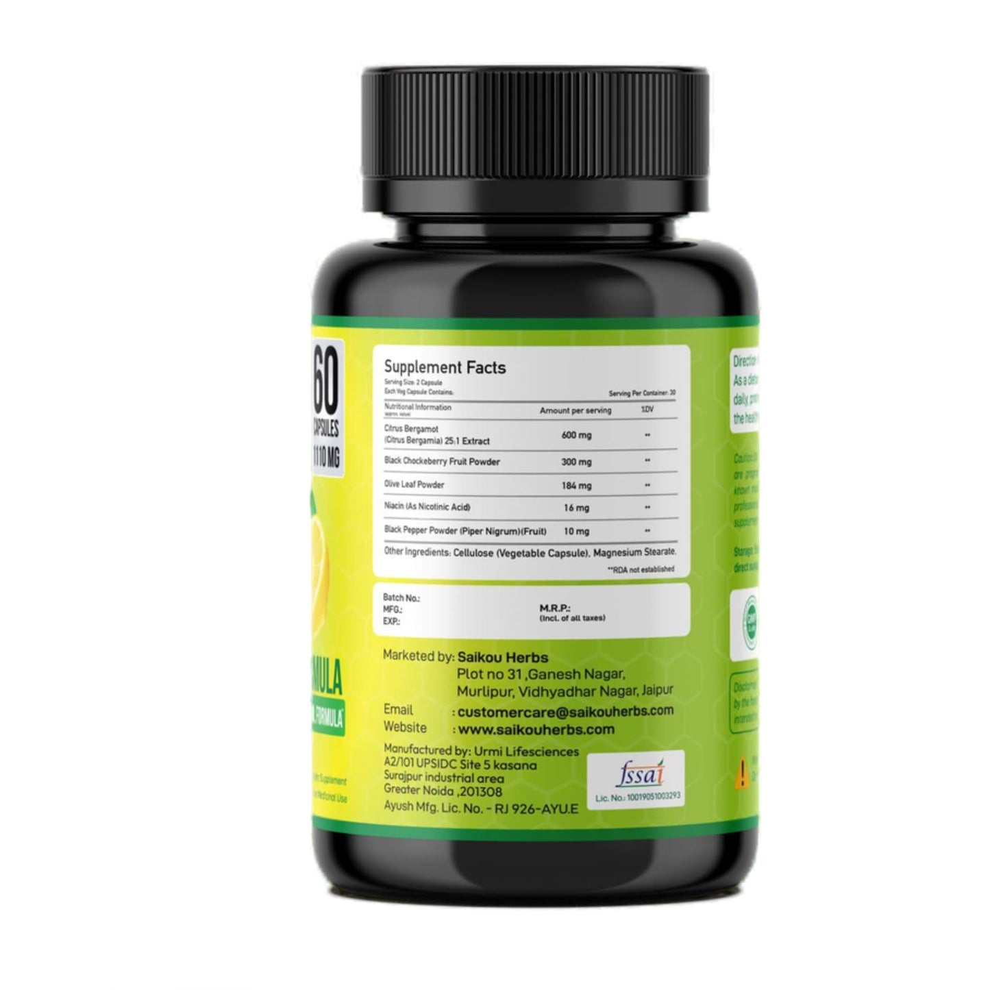 SAIKOU HERBS Citrus Bergamot 1110mg 5-in-1 Cardiovascular Wellness Formula with Black Chokeberry, Olive Leaf, Niacin & Black Pepper, 60 Capsules