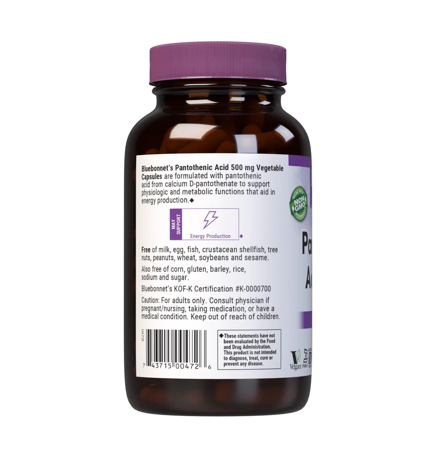 BlueBonnet Pantothenic Acid 500 mg Vegetable Capsules, 180 Count
