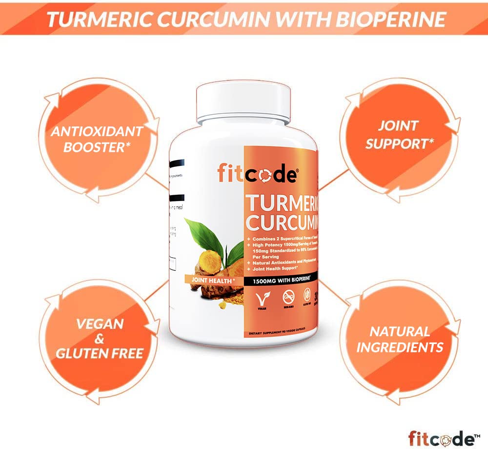 fitcode Turmeric Curcumin with 95% Curcuminoids 1500mg BioPerine Enhanced Absorption Capsules, 90 Count
