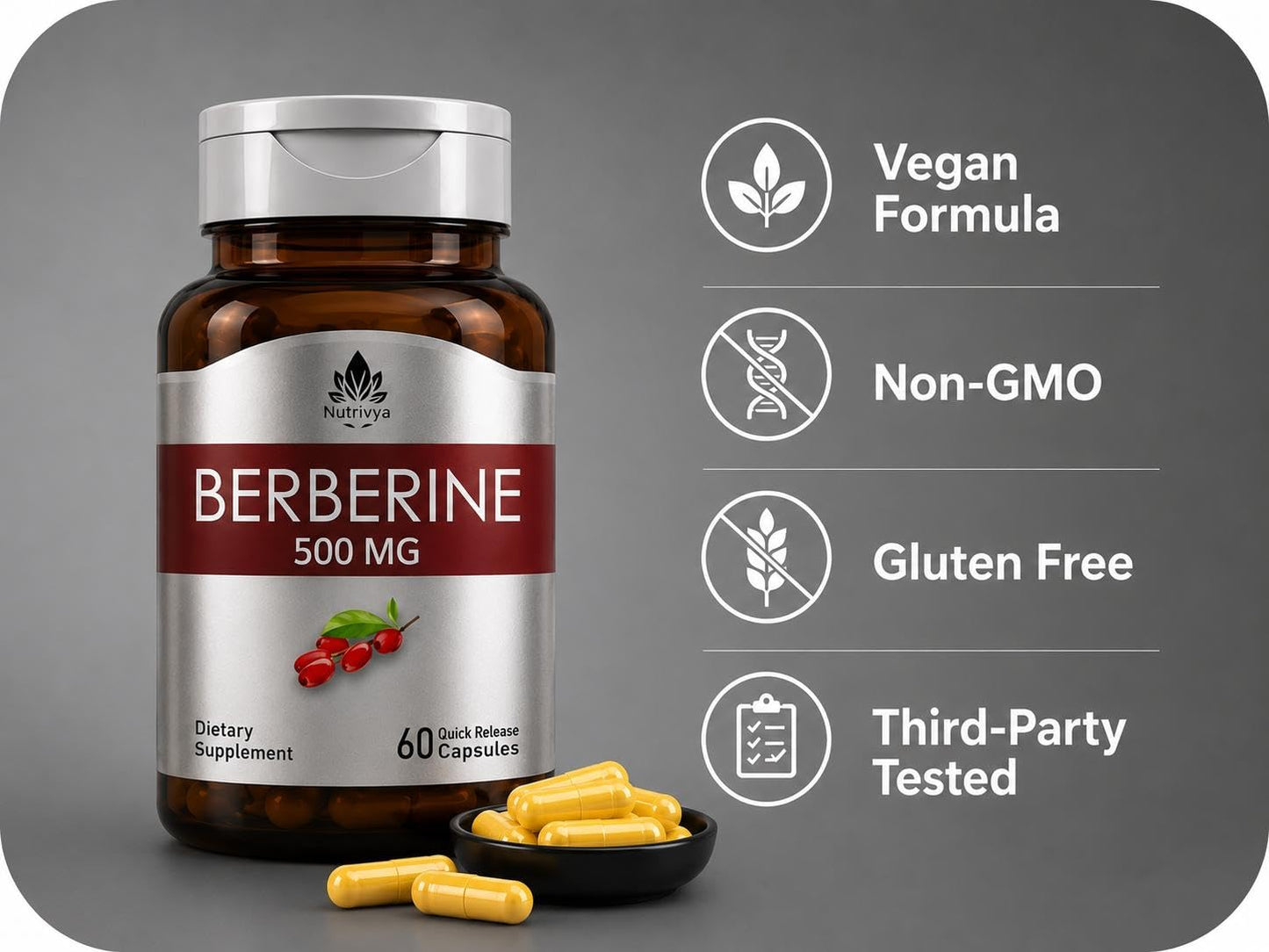 Nutrivya Berberine Supplement 500mg Capsules, 60 Count