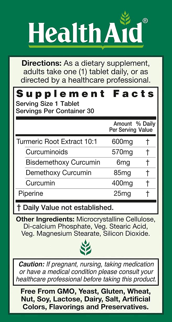 HealthAid Curcumin Complex 600 mg Turmeric Extract with Bioperine 95% Curcuminoids Tablet, 30 Count