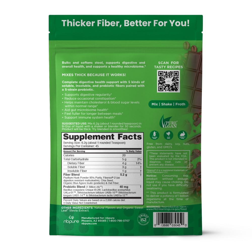 nbpure Daily Fiber Powder Blend for Digestive Health, Cholesterol Support, Healthy Weight Management - with Prebiotic, Insoluble, Soluble Fiber + 4 Probiotic Strains, Savory Mocha, 9.52 Ounce