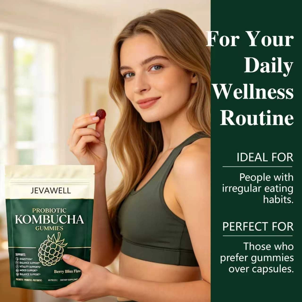 qxv Jevawell Probiotic Kombucha Gummies Berry Flavor, 60 Gummies