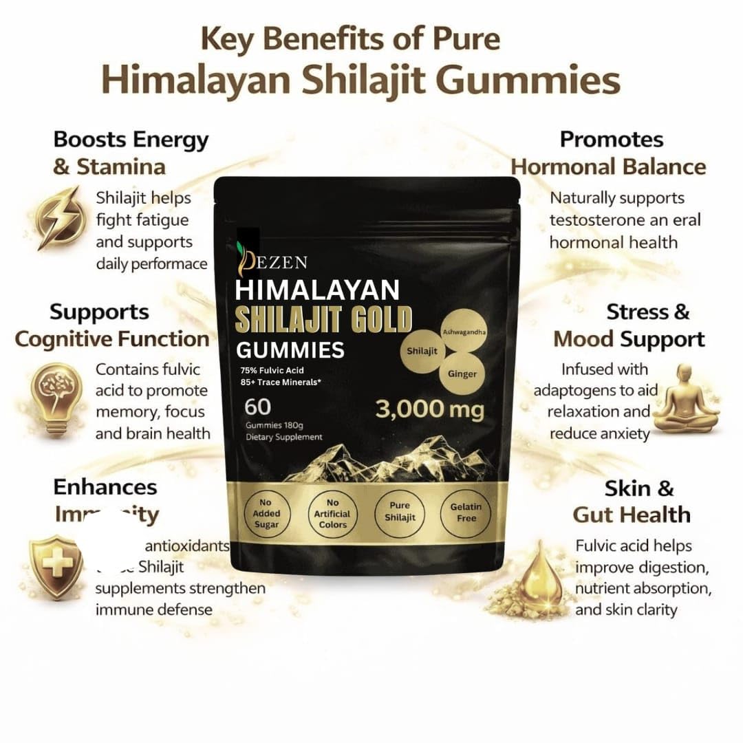 DEZEN Shilajit Gummies with Ashwagandha, Ginger, Turmeric, 60 Count