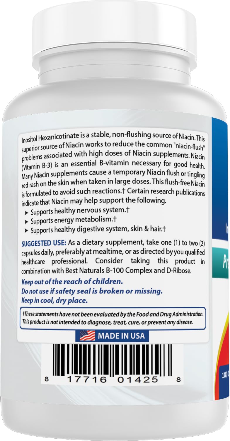 Best Naturals Flush-Free Niacin Inositol Hexanicotinate 500 mg Capsules, 360 Capsules