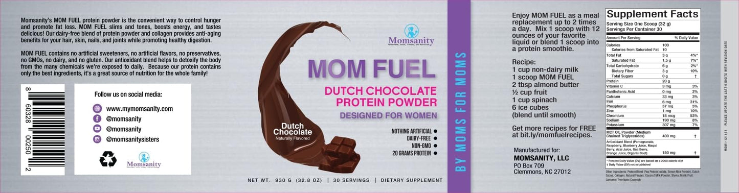 Momsanity Dairy-Free Meal Replacement Protein Powder for Women - Plant & Collagen Protein Blend, Dutch Chocolate, 2.05 lb
