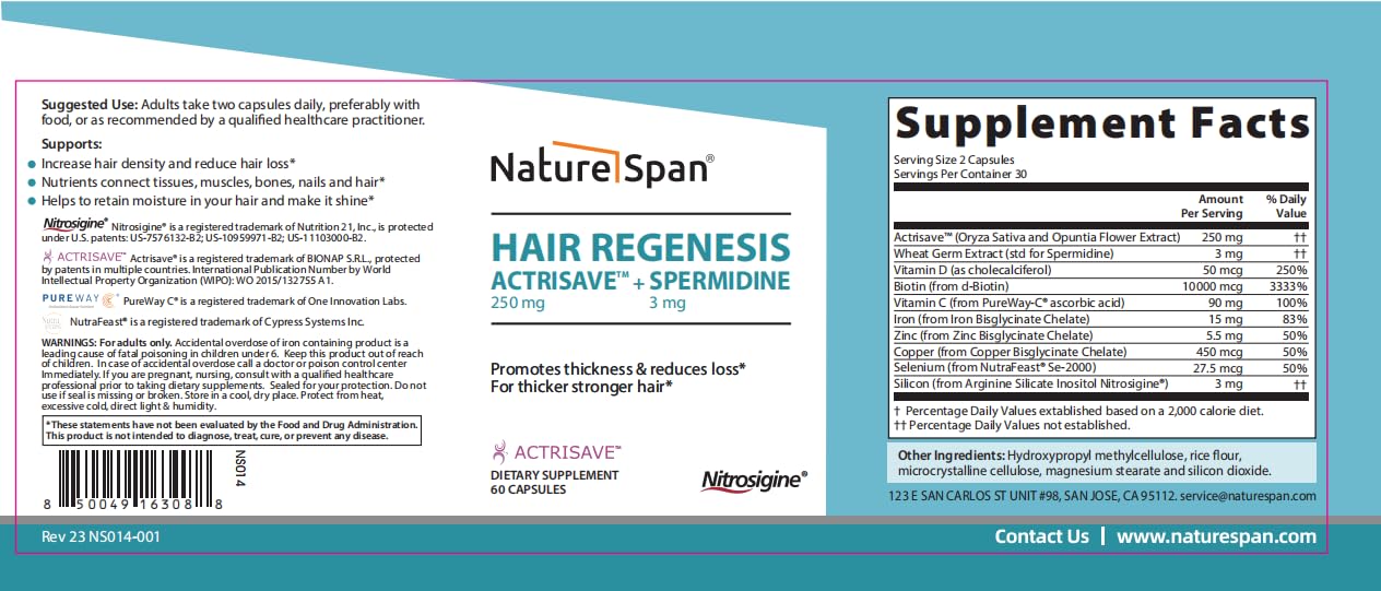 NATURESPAN Hair Regenesis ACTRISAVE™ 250mg + SPERMIDINE 3mg, Hair Density and Growth, 60 Capsules
