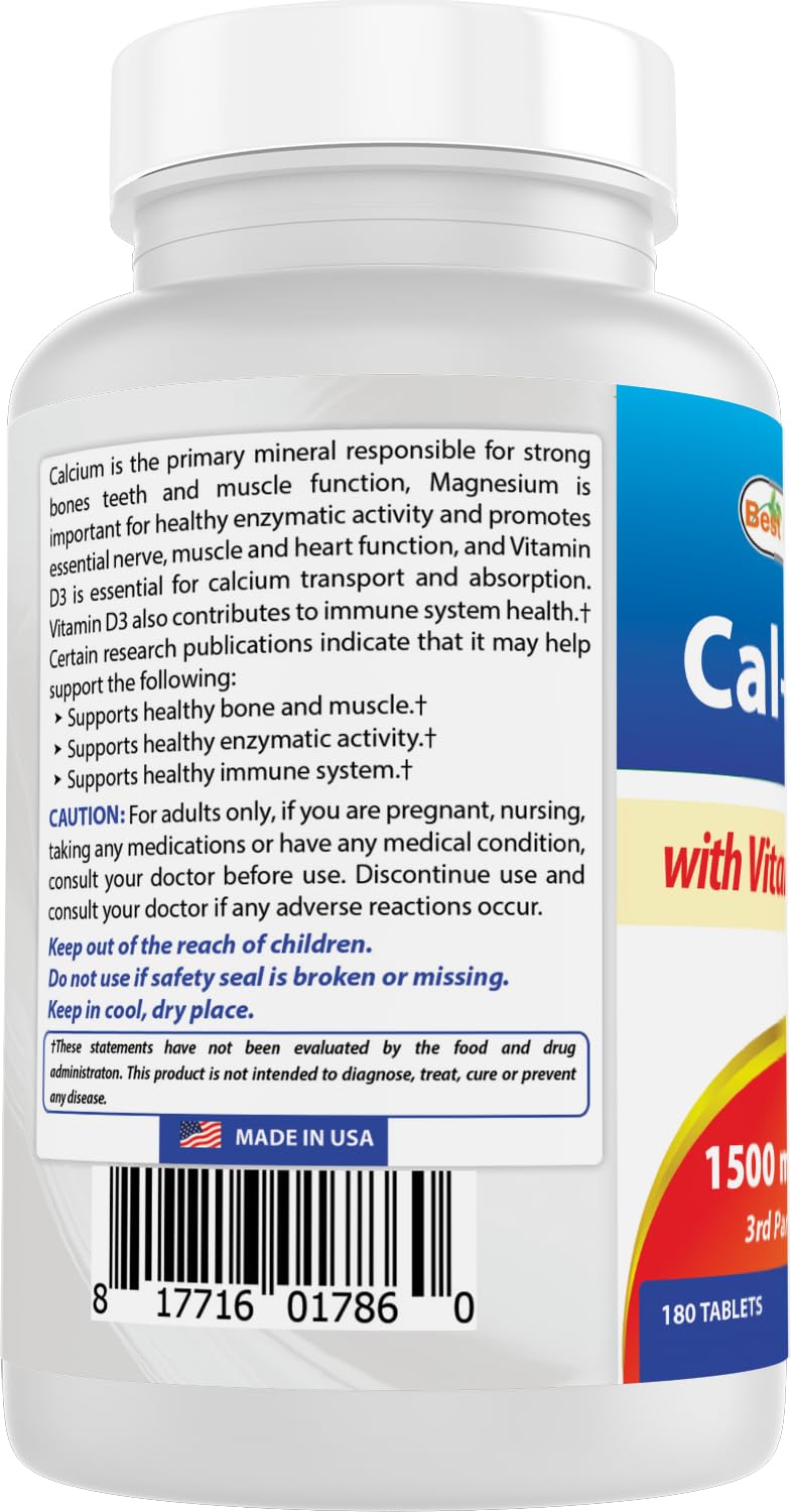 Best Naturals Calcium Magnesium with Vitamin D3 1500mg Tablets, 360 Count