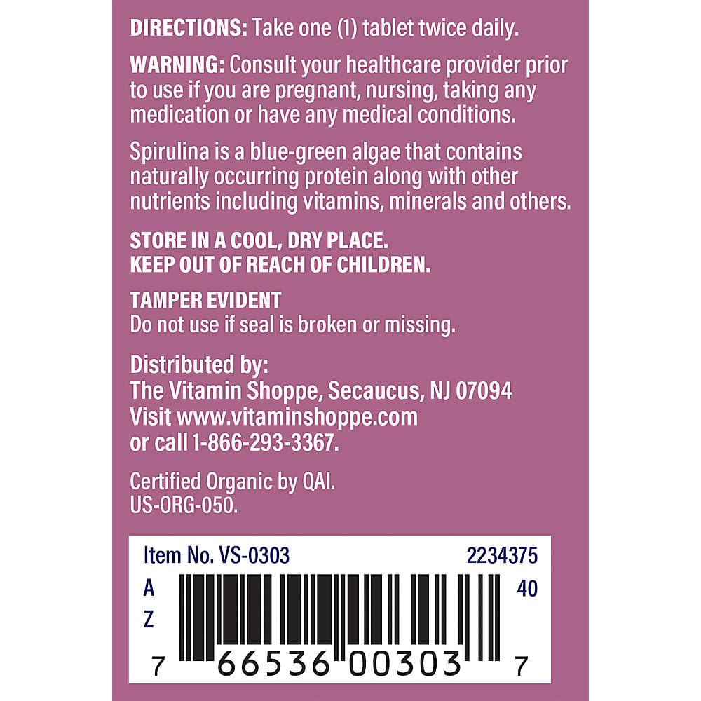 The Vitamin Shoppe Organic Spirulina Blue-Green Microalgae Superfood 500, 200 Tablets