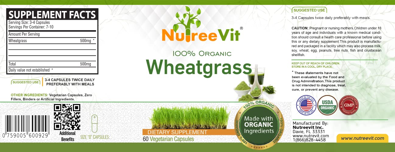 NutreeVit Pure Organic Wheatgrass Superfood Powder 500 mg, 60 Capsules