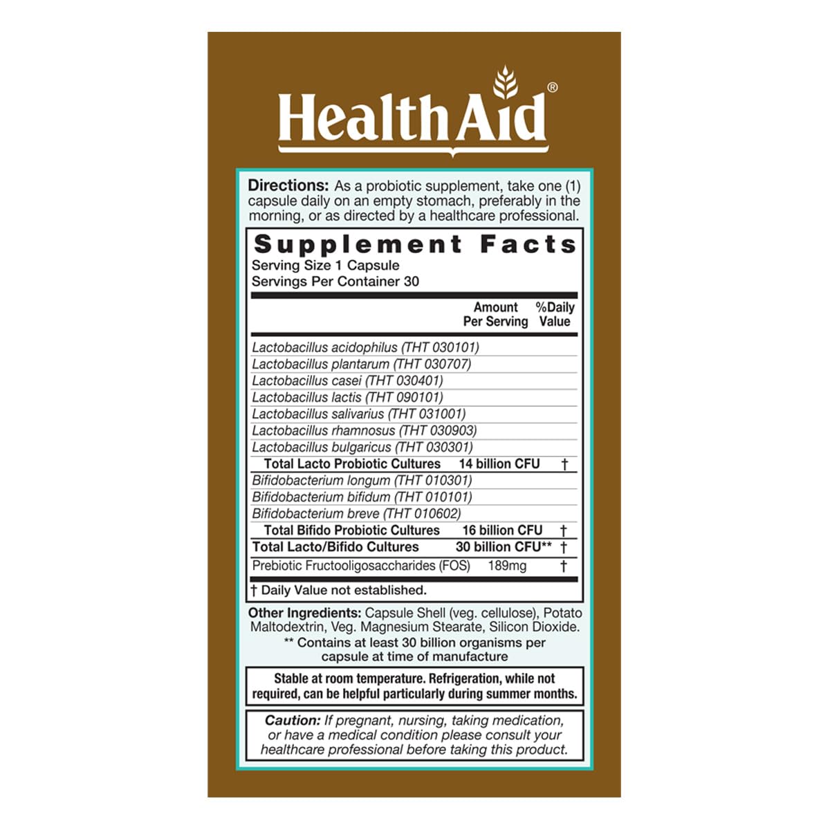 HealthAid Adults Probiotic Capsule 30 Billion CFU – 10 Strains with Prebiotic – Digestive & Microbiome Support – Vegan, Acid & Bile Resistant – 30 Capsules
