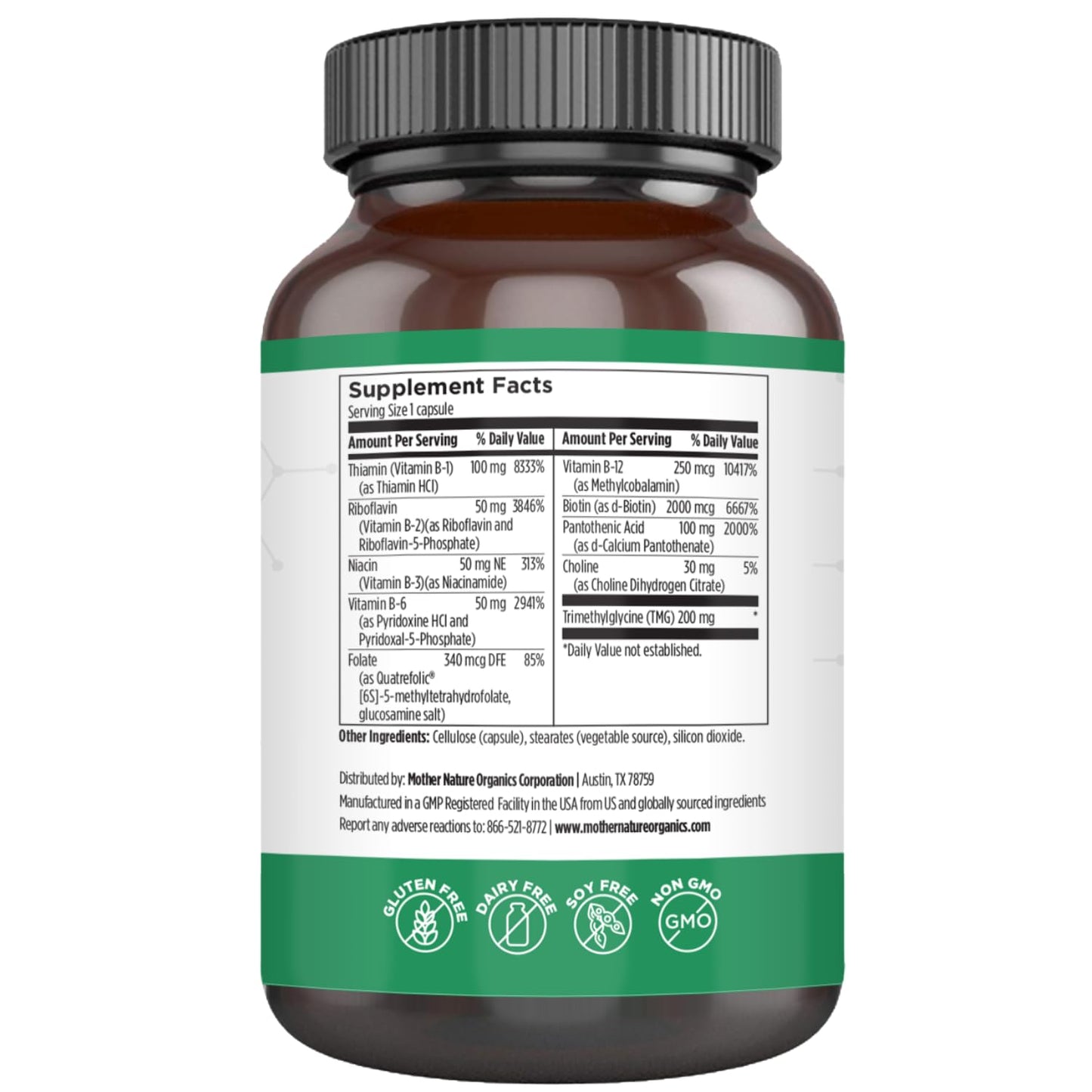Mother Nature Organics Superfoods for Organic Living Methylated B Complex – Bioactive B Vitamins with Methyl B12, B1, B3 Niacin, B6, Folate & Biotin, 60 Capsules