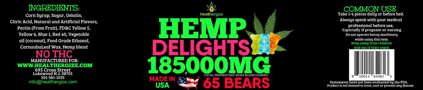 Healthergize Hemp Gummies Bears for Sleep & Relax - Hempseed Oil Gummy Bear, Fresh Fruity Edibles, Made in USA, 11
