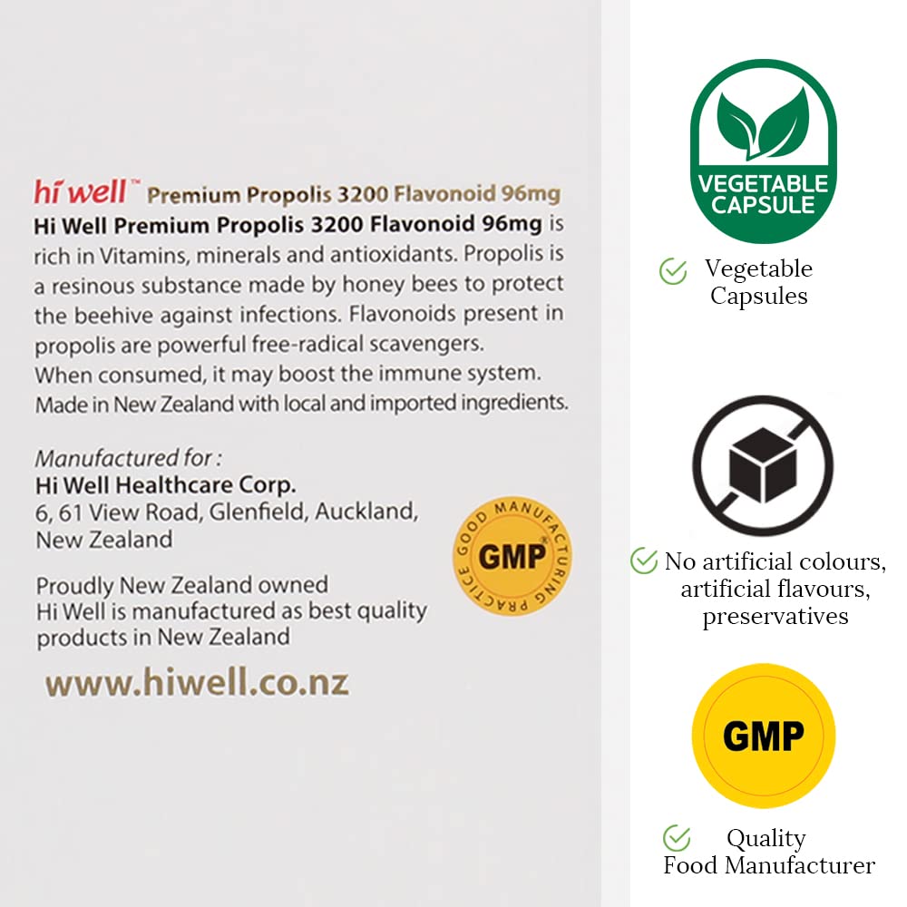 Hi Well Pure & Natural New Zealand Propolis 3200 Flavonoid 96mg Capsules 750
