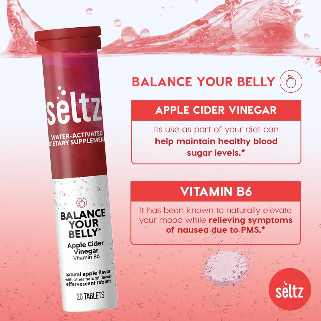 Seltz Balance Your Belly – Effervescent Vitamins with Apple Cider Vinegar (1000 mg) & Vitamin B6 for Digestive Health, Blood Sugar & Mood Support – Apple Flavor, 120 Tablets