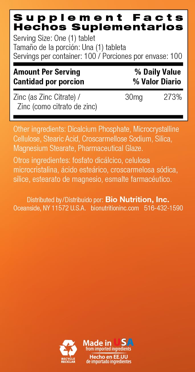 Bio Nutrition Zinc Citrate 30 mg Tablet, 100 Tablets