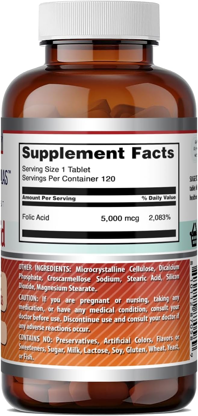 Amazing Nutrition Folic Acid 5000 Mcg per Serving Tablets, 360 Count