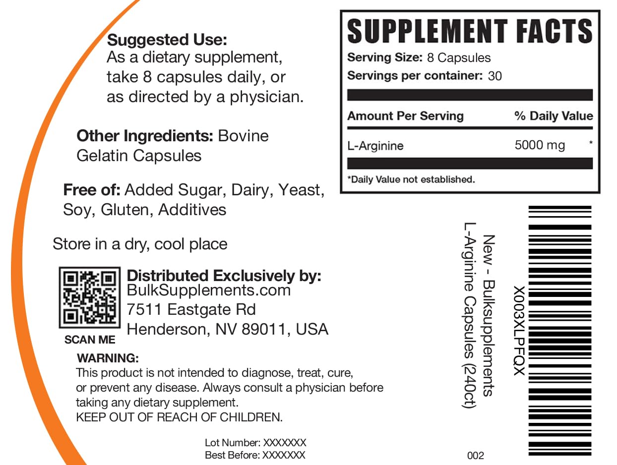 BulkSupplements L-Arginine Capsules, 240 Count