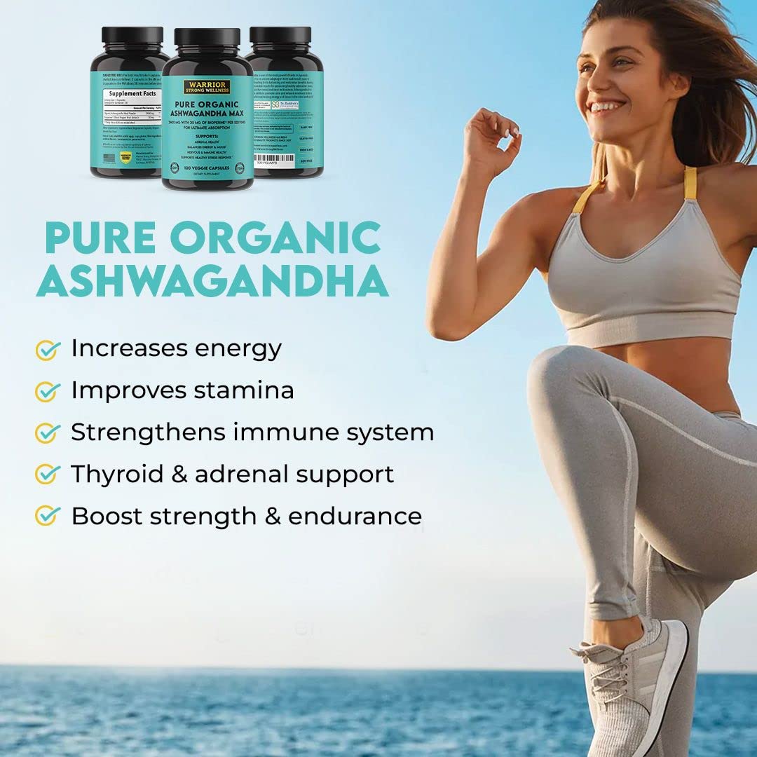 Warrior Strong Wellness Pure Organic Ashwagandha with Bioperine, 120 Capsules