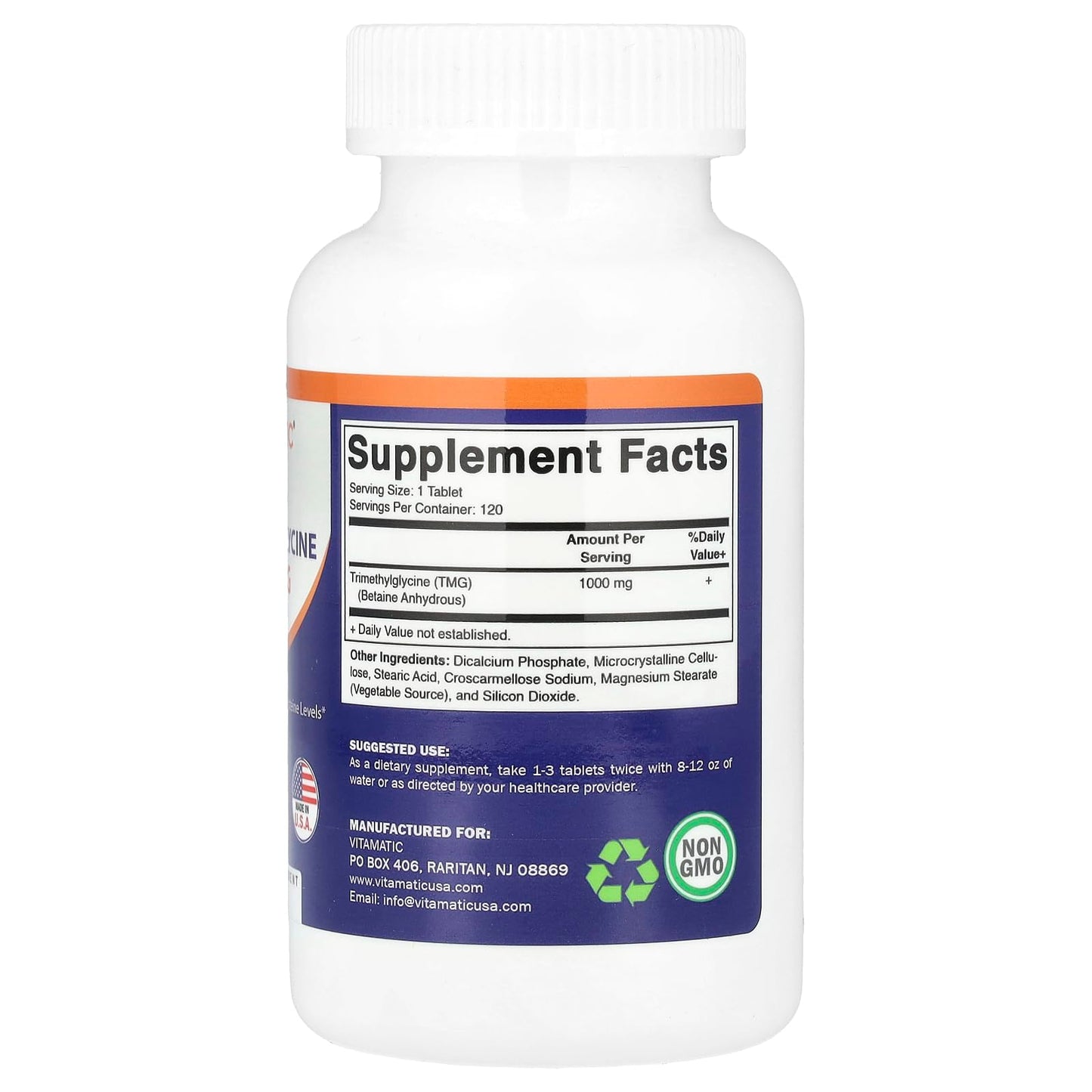 Vitamatic TMG Supplements 1000mg Trimethylglycine Betaine Anhydrous, 120 Tablets