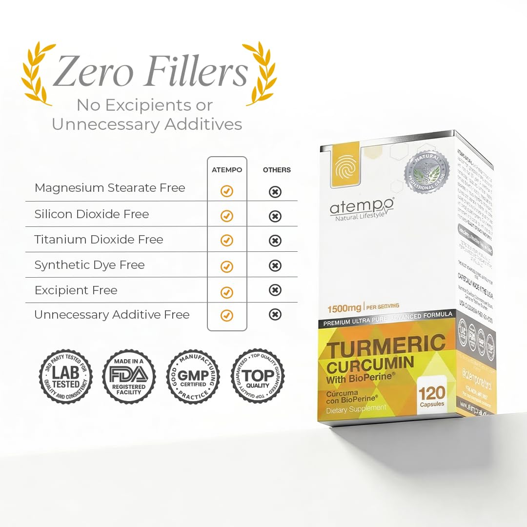 ATEMPO NATURAL LIFESTYLE Turmeric Curcumin Supplement with Black Pepper Extract 1500mg – Absorption, Supports Joint Health – Non-GMO, 120 Capsules