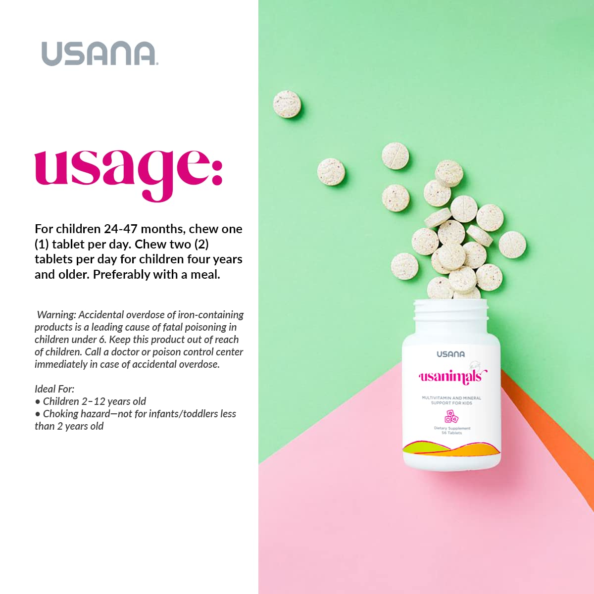 USANA Usanimals Multivitamin for Kids Chewable Tablets 56 Count