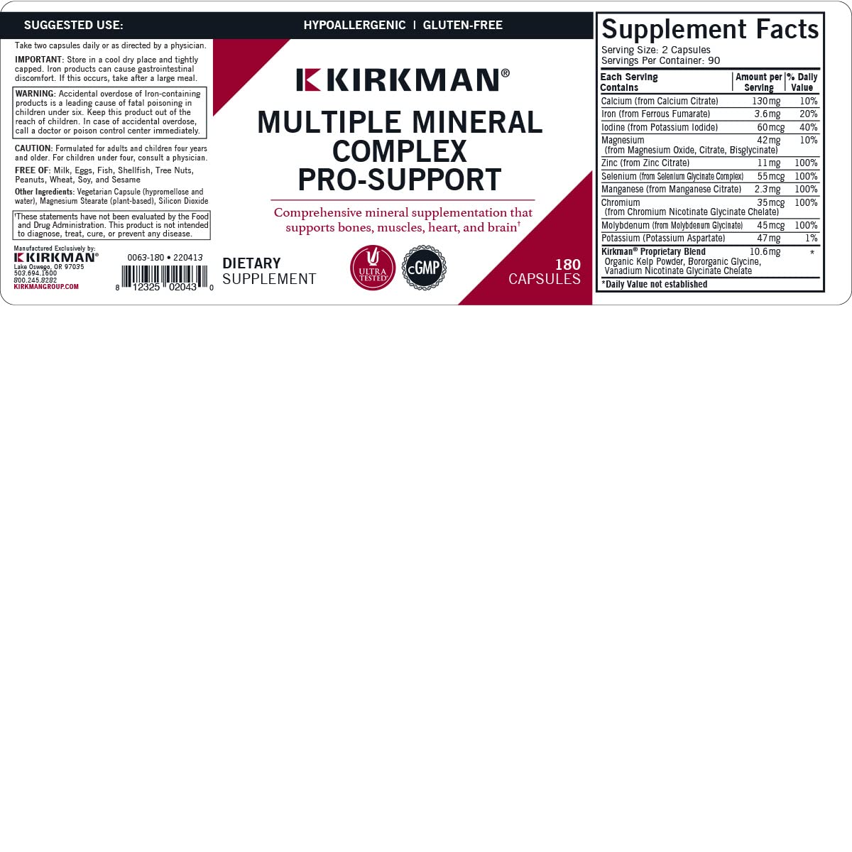 Kirkman Multiple Mineral Complex Pro-Support - Hypoallergenic Capsules 180 Count