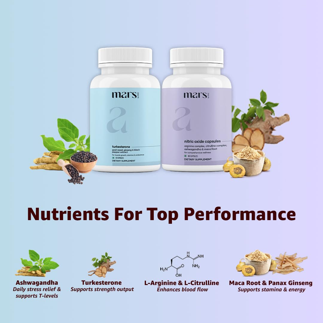 Mars by GHC Power Up Combo, Nitric Oxide Capsules and Turkesteron, Stamina and Strength Support, 120 Capsules