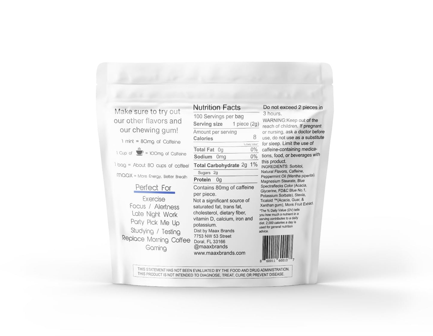 Maax Caffeinated Gum Caffeine Energy Mints Chewable, 100 pieces
