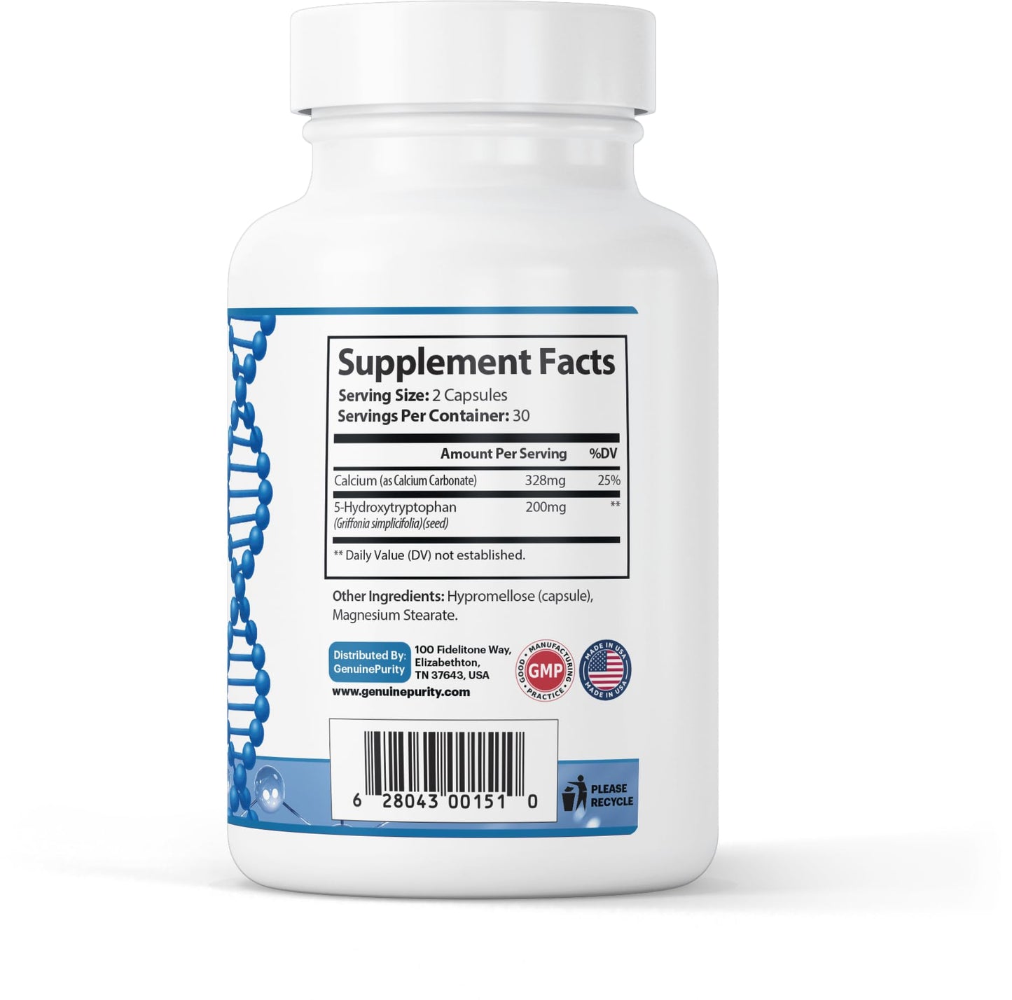GenuinePurity 5HTP Supplement Capsule, 200mg per Capsule with Calcium for Absorption, 60 Capsules