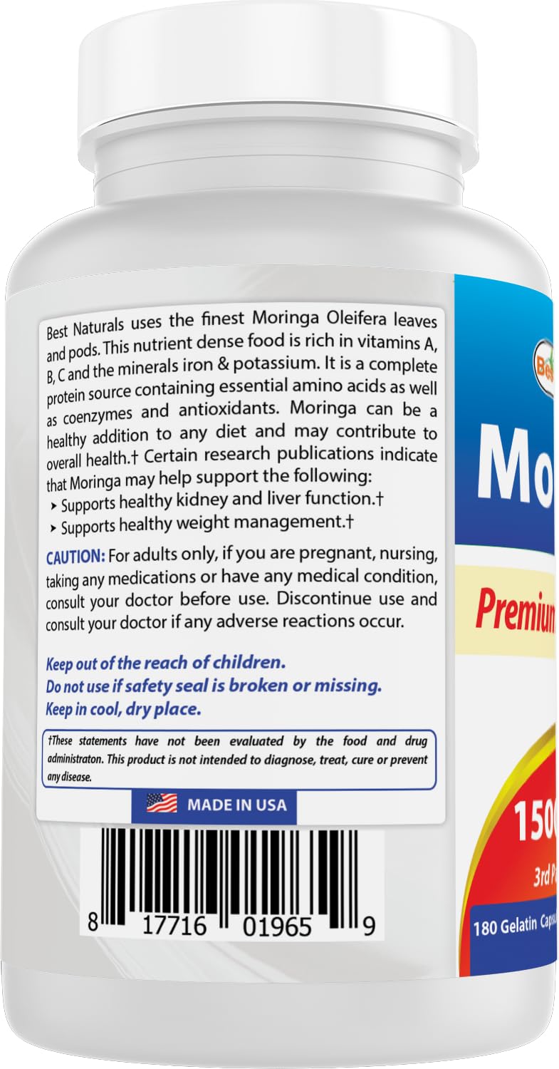 Best Naturals Moringa Extract 10:1 1500mg Capsules, 180 Count